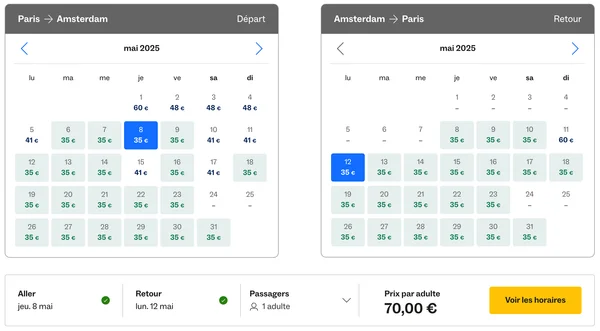 Exemple de date entre Paris Gare du nord et Amsterdam en Mai 2025