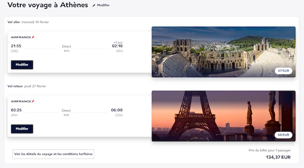 Exemple de date de vol Paris Athènes en Février 2025