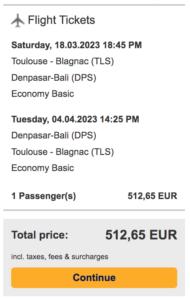 Preuve vol Lufthansa Toulouse Bali à 513€