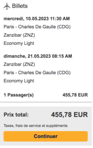 Preuve prix vol Paris Zanzibar 456€